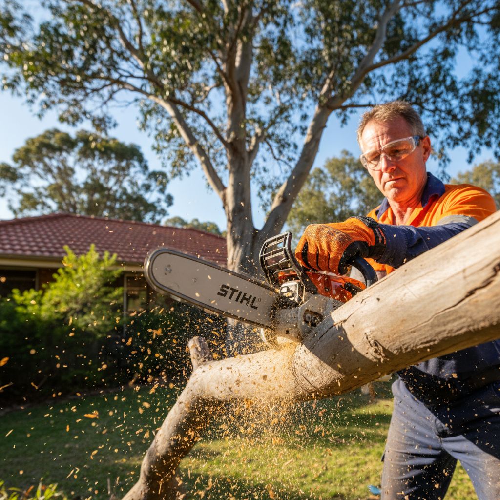 Arborist's chainsaw mid-cut close-up